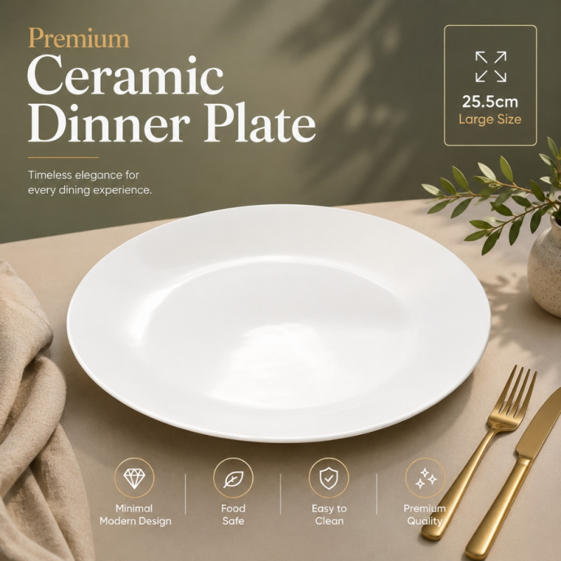 Premium Dinnerware Plate Set – White Elegant Design (25.5cm)