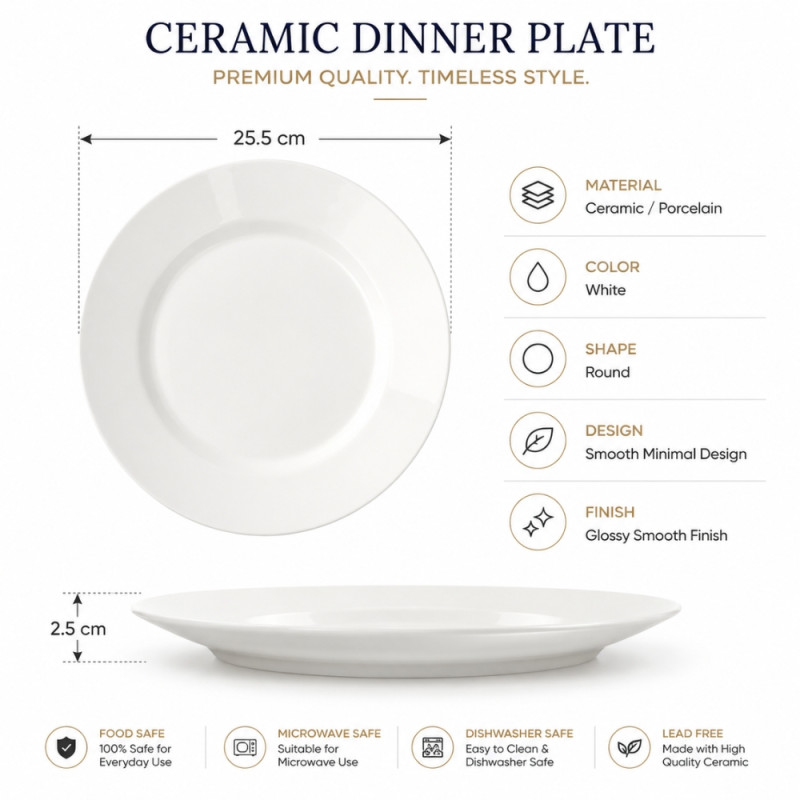 Premium Dinnerware Plate Set – White Elegant Design (25.5cm)