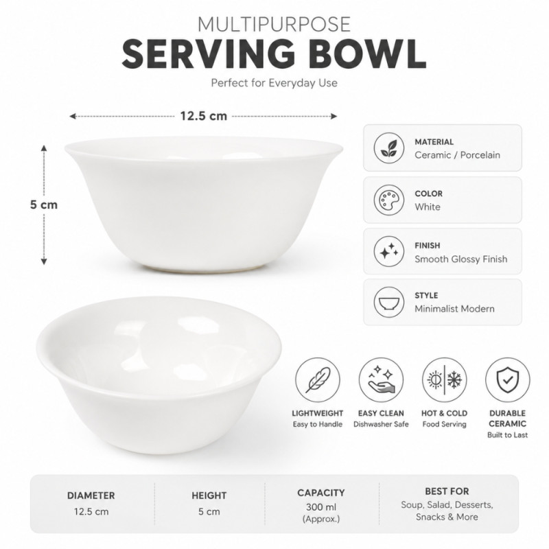 Elegant Ceramic Kitchenware – White Premium Glaze (12cm)