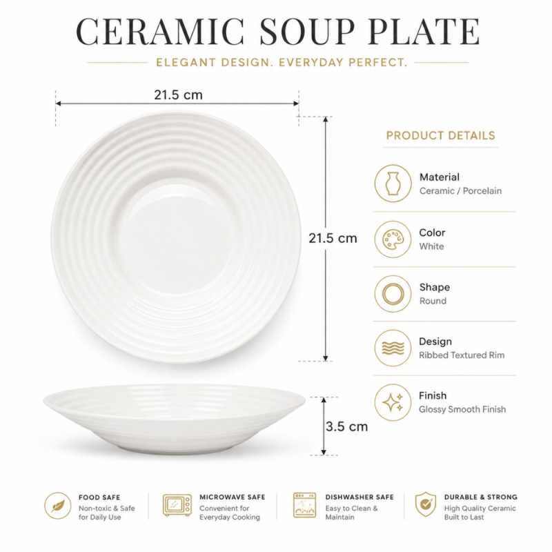 Premium Dinnerware Plate Set – White Elegant Design (21.5cm)