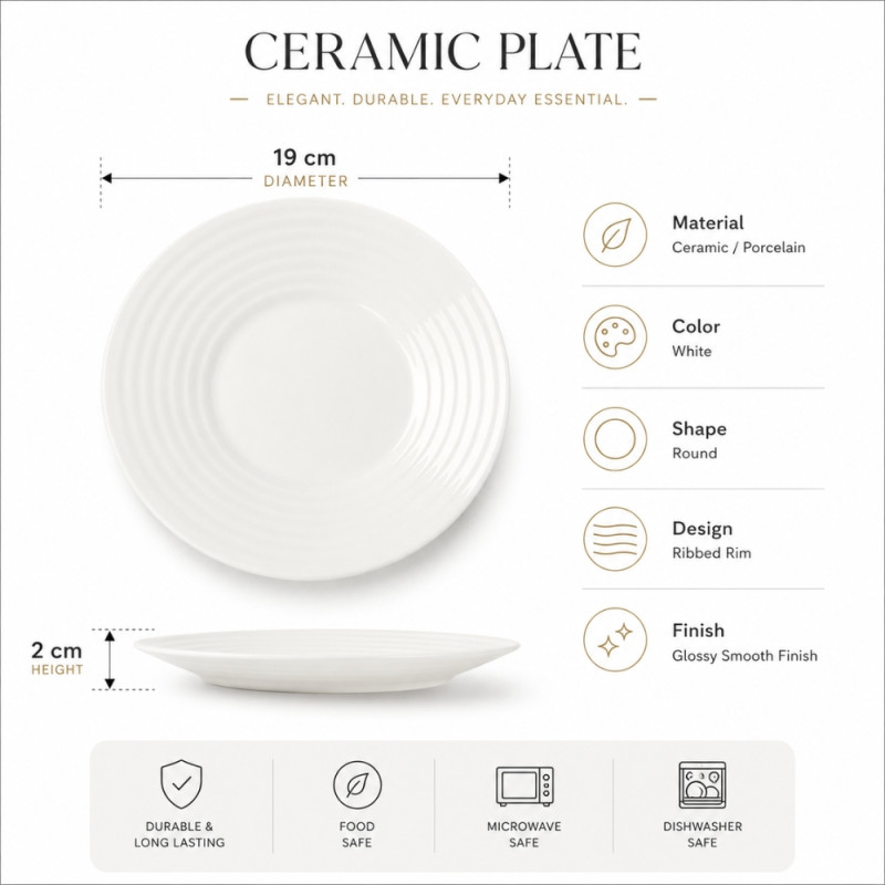 Premium Dinnerware Plate Set – White Elegant Design (19cm)