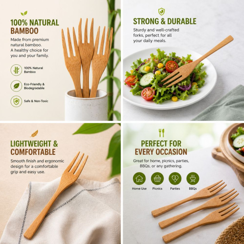 6-Piece Eco-Friendly Natural Bamboo Fork Set (15.2x2.5cm)