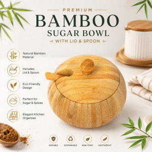 Organic Premium Bamboo Sugar Bowl with Matching Lid and Spoon – Wooden (11 x 8.5cm)