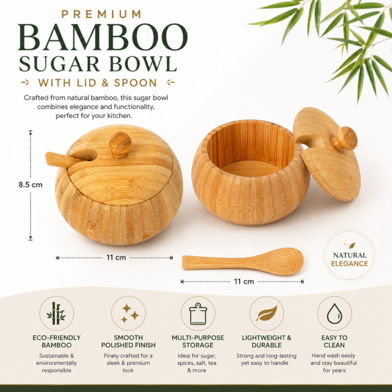 Organic Premium Bamboo Sugar Bowl with Matching Lid and Spoon – Wooden (11 x 8.5cm)