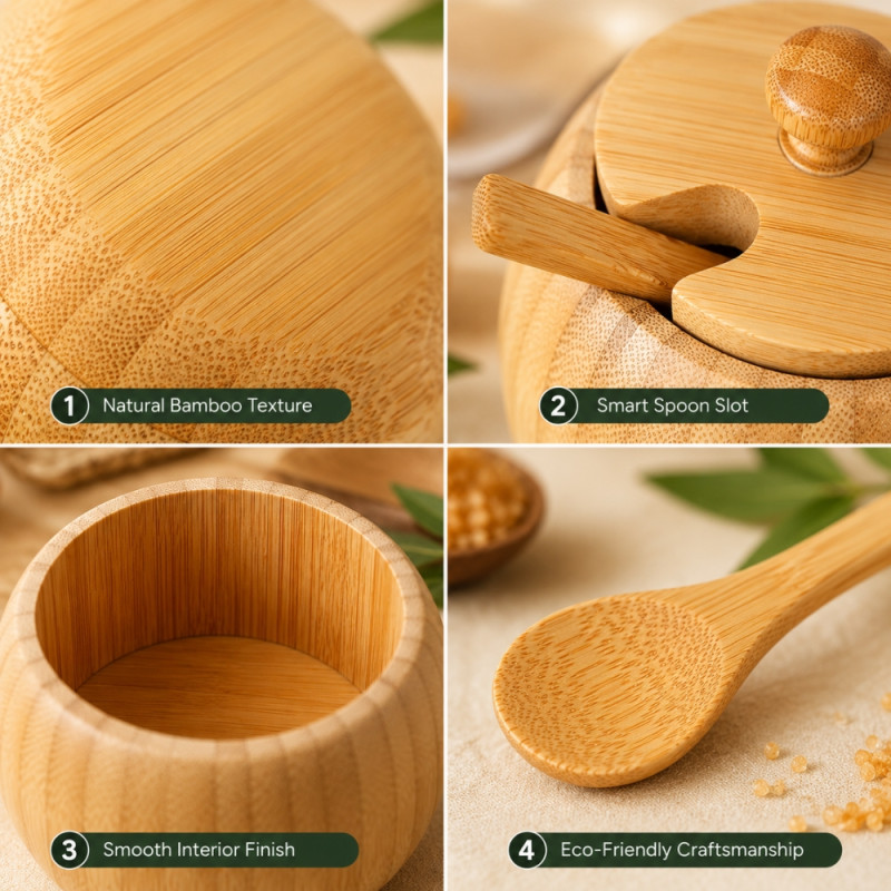 Organic Premium Bamboo Sugar Bowl with Matching Lid and Spoon – Wooden (11 x 8.5cm)