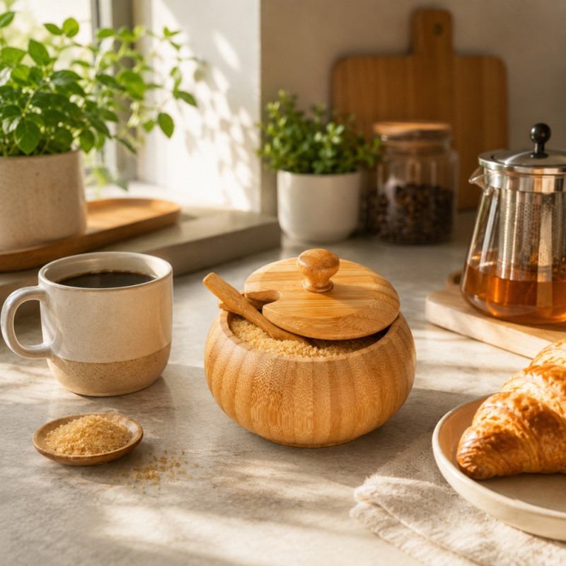 Organic Premium Bamboo Sugar Bowl with Matching Lid and Spoon – Wooden (11 x 8.5cm)
