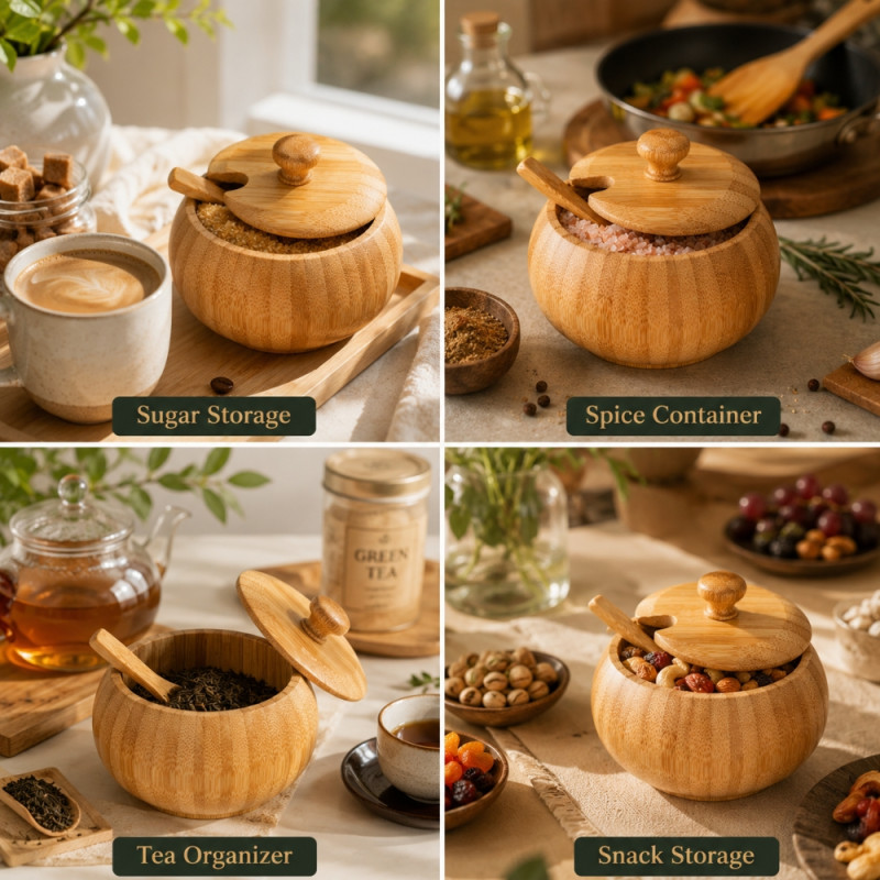 Organic Premium Bamboo Sugar Bowl with Matching Lid and Spoon – Wooden (11 x 8.5cm)