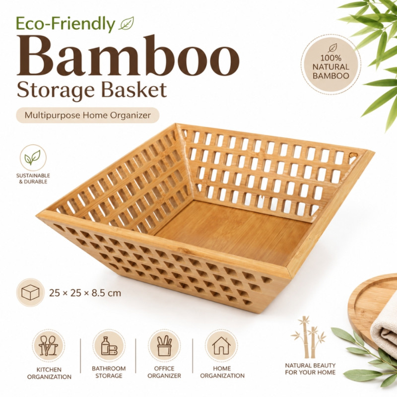 Local multipurpose hollow bamboo storage basket designed for organizing fruits, vegetables, or home items – Wooden (25 x 25 x 8.5cm)