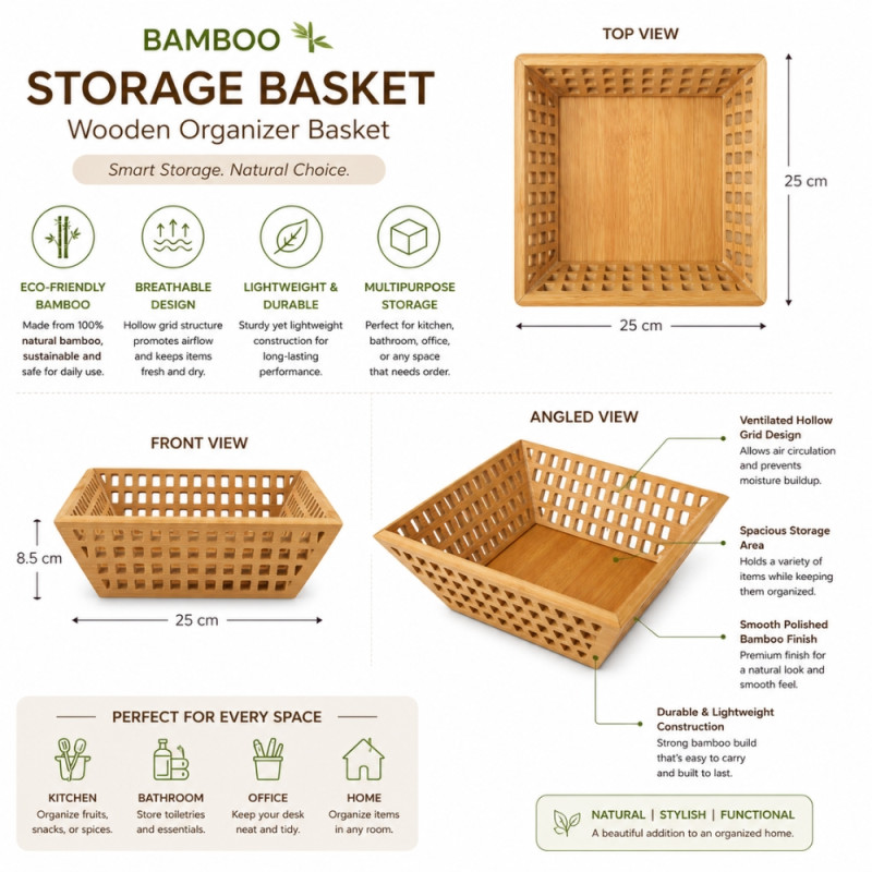 Local multipurpose hollow bamboo storage basket designed for organizing fruits, vegetables, or home items – Wooden (25 x 25 x 8.5cm)