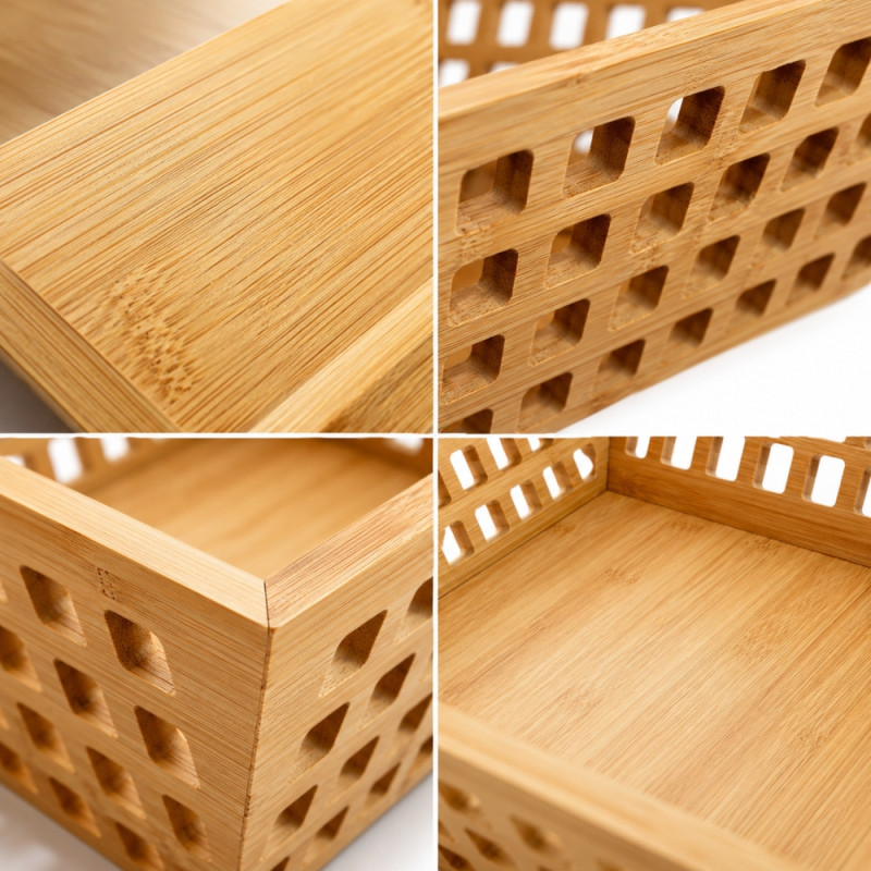 Local multipurpose hollow bamboo storage basket designed for organizing fruits, vegetables, or home items – Wooden (25 x 25 x 8.5cm)