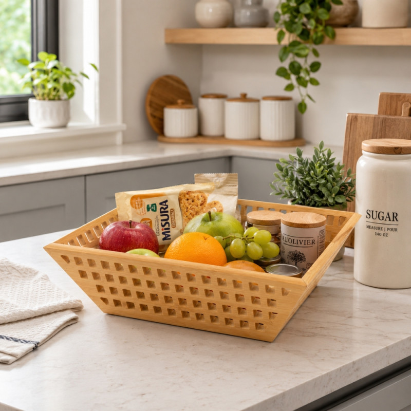 Local multipurpose hollow bamboo storage basket designed for organizing fruits, vegetables, or home items – Wooden (25 x 25 x 8.5cm)