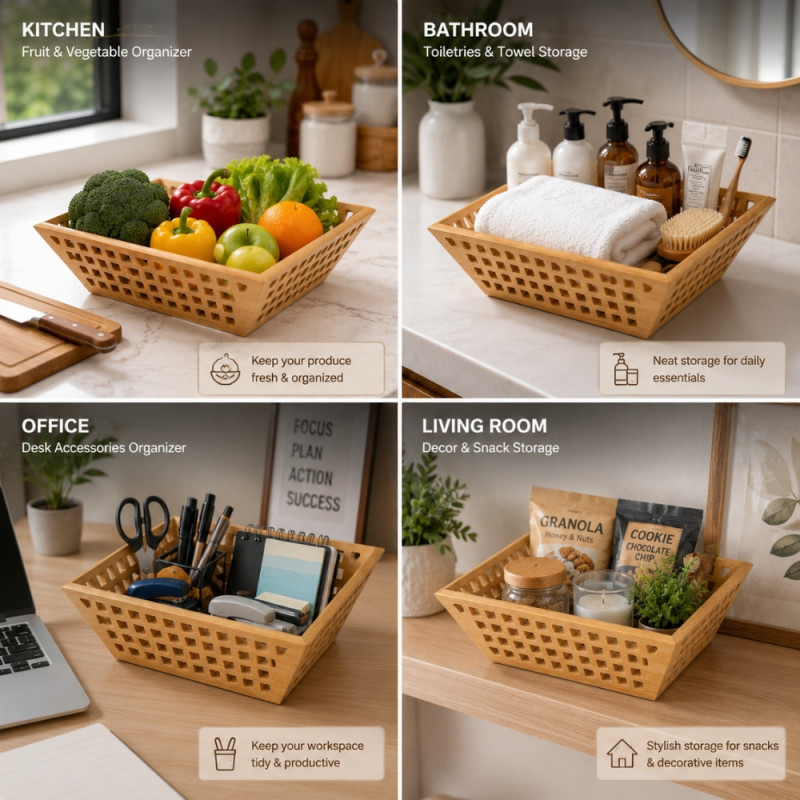 Local multipurpose hollow bamboo storage basket designed for organizing fruits, vegetables, or home items – Wooden (25 x 25 x 8.5cm)