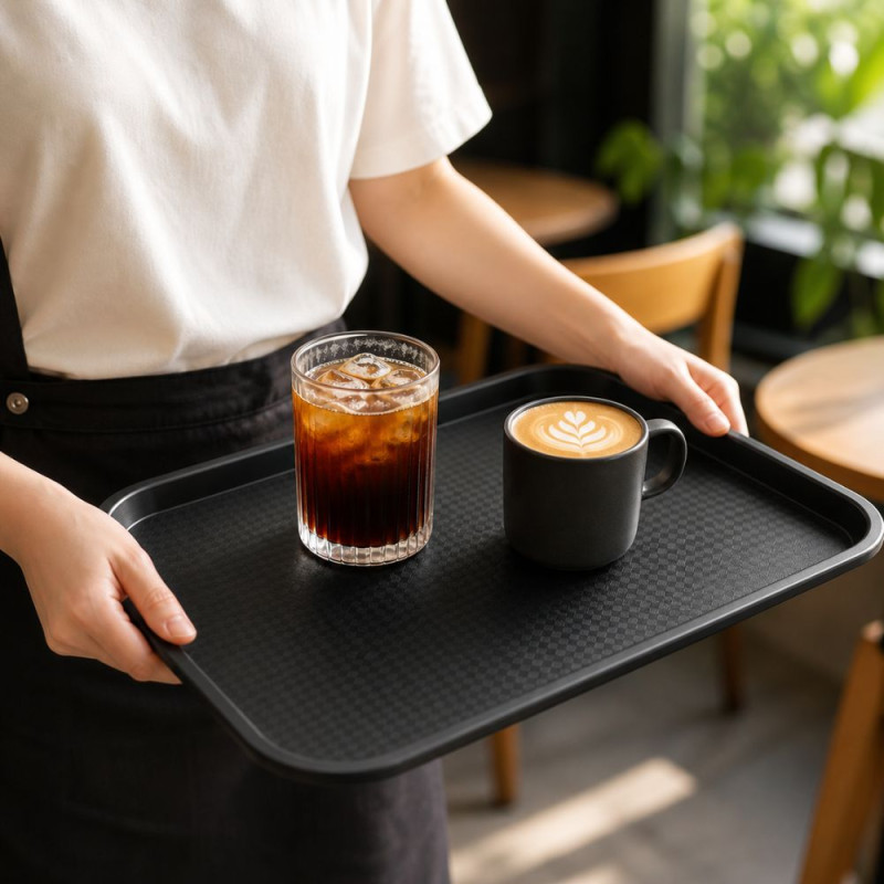 Professional Black Plastic Serving Tray – Sleek Rectangular Design (42cm)