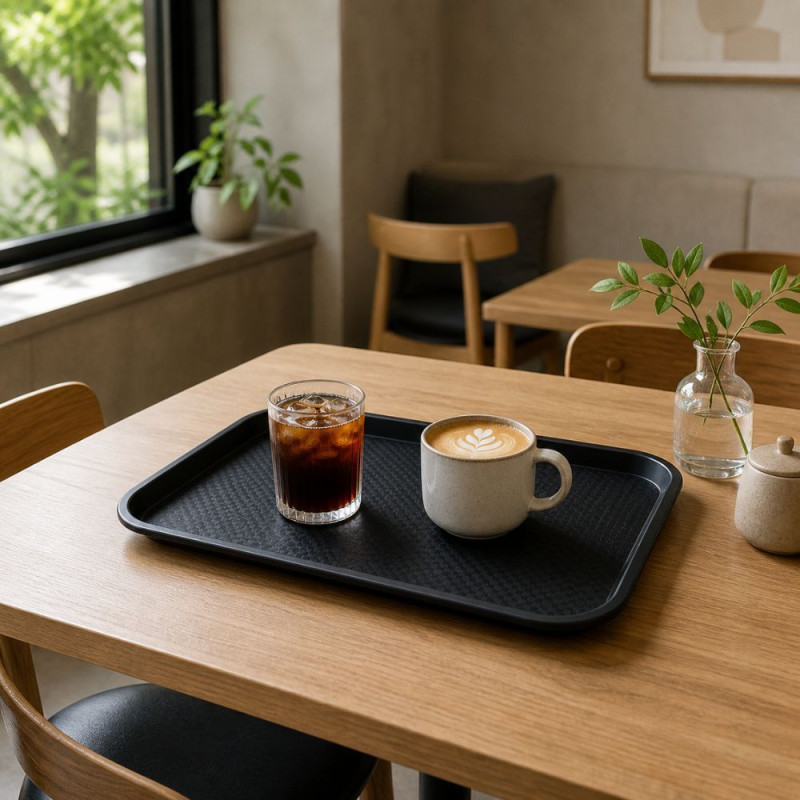 Professional Black Plastic Fast Food Tray – Durable Rectangular Design (46cm)