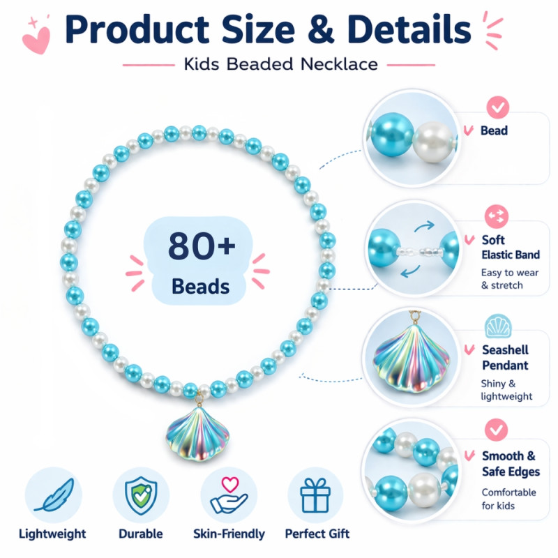 Kids’ "Ocean Sparkle" 80-Piece Beaded Necklace – Aqua &amp; Pearl White