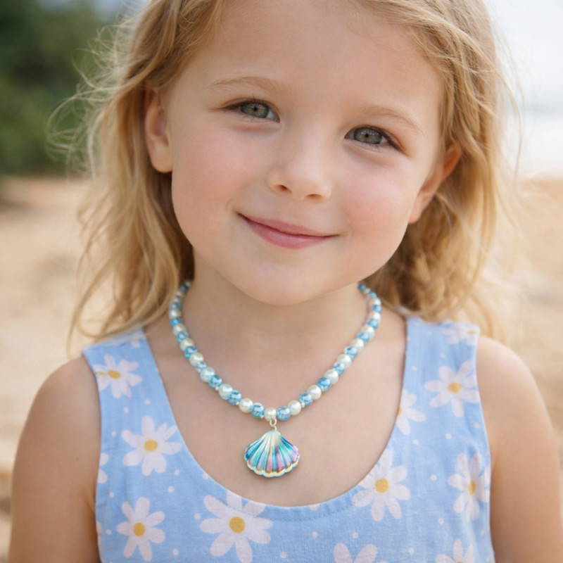 Kids’ "Ocean Sparkle" 80-Piece Beaded Necklace – Aqua &amp; Pearl White