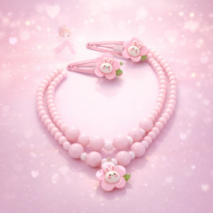 Kids’ "Pink Bunny" 2-Piece Beaded Jewelry Set – Necklace & Hair Clip in Light Pink