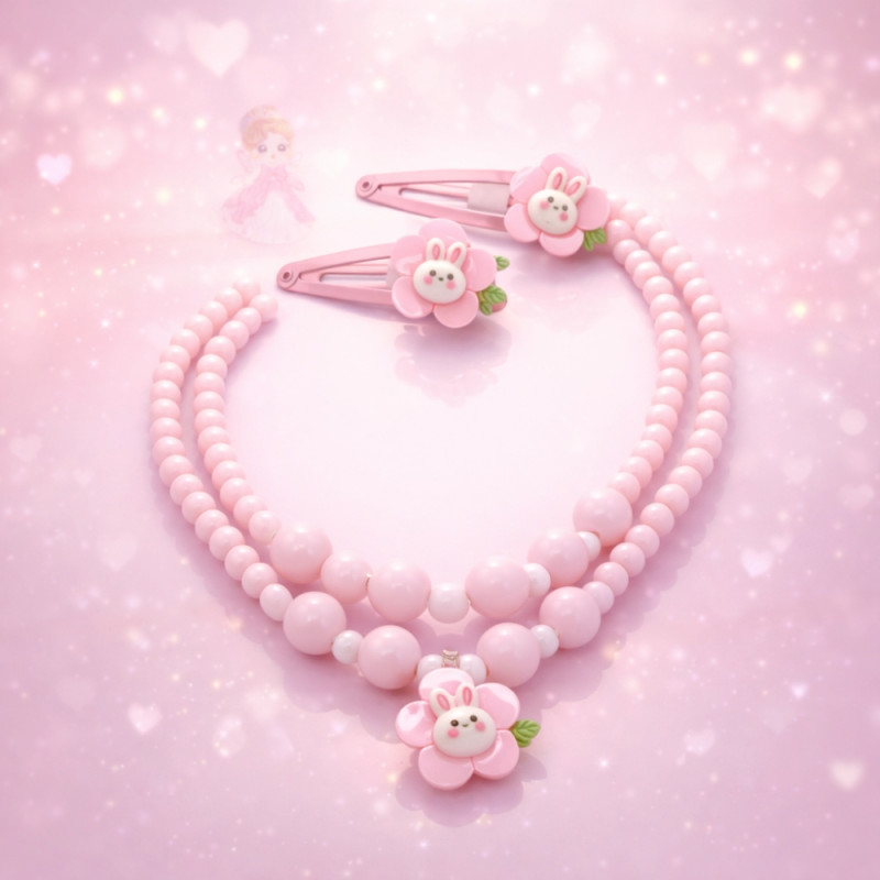 Kids’ "Pink Bunny" 2-Piece Beaded Jewelry Set – Necklace & Hair Clip in Light Pink
