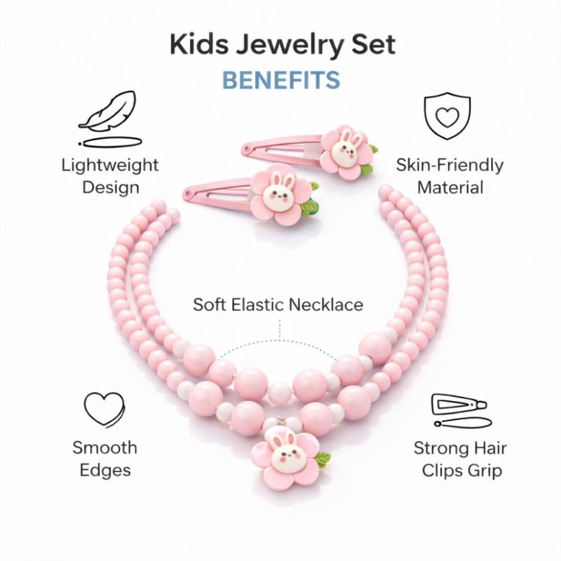 Kids’ "Pink Bunny" 2-Piece Beaded Jewelry Set – Necklace & Hair Clip in Light Pink