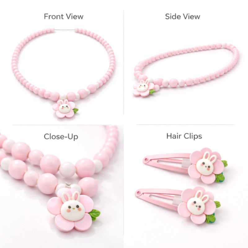 Kids’ "Pink Bunny" 2-Piece Beaded Jewelry Set – Necklace & Hair Clip in Light Pink