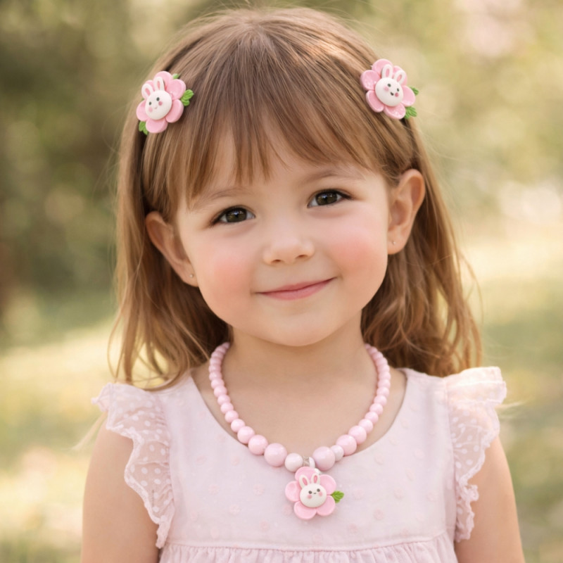 Kids’ "Pink Bunny" 2-Piece Beaded Jewelry Set – Necklace & Hair Clip in Light Pink