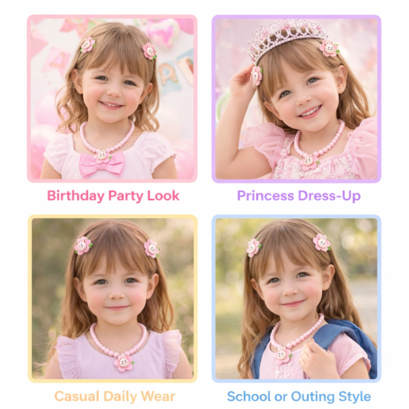 Kids’ "Pink Bunny" 2-Piece Beaded Jewelry Set – Necklace & Hair Clip in Light Pink