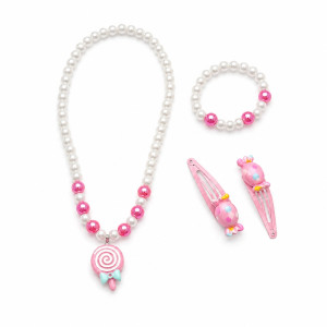 Delightful Kids' Candy Bead Jewelry Set with Matching Hair Clips - 3-Piece Pink & White