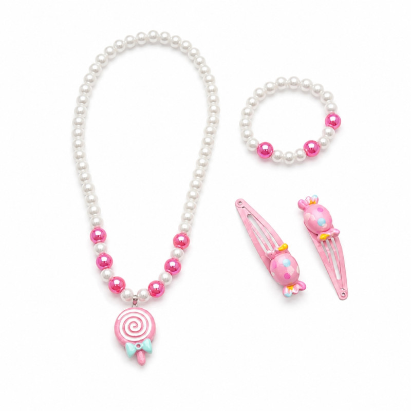 Delightful Kids' Candy Bead Jewelry Set with Matching Hair Clips - 3-Piece Pink & White