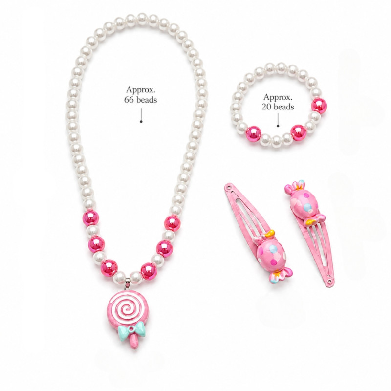Delightful Kids' Candy Bead Jewelry Set with Matching Hair Clips - 3-Piece Pink & White