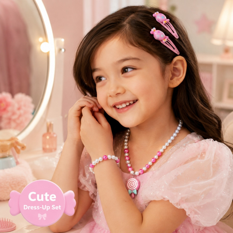 Delightful Kids' Candy Bead Jewelry Set with Matching Hair Clips - 3-Piece Pink & White