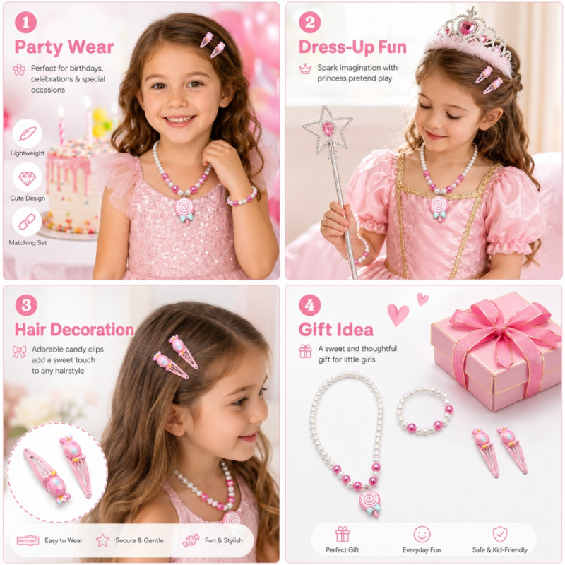 Delightful Kids' Candy Bead Jewelry Set with Matching Hair Clips - 3-Piece Pink & White