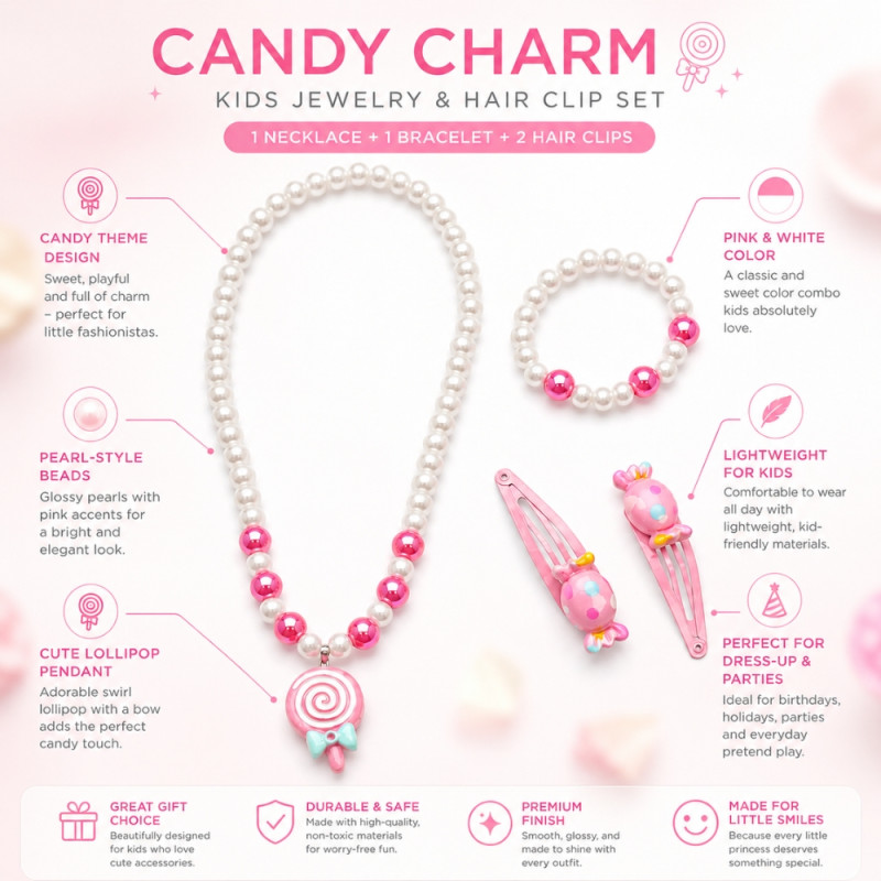Delightful Kids' Candy Bead Jewelry Set with Matching Hair Clips - 3-Piece Pink & White