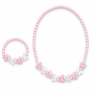 Charming Girls' Butterfly Beaded Necklace & Bracelet Set - 2-Piece Pink & White