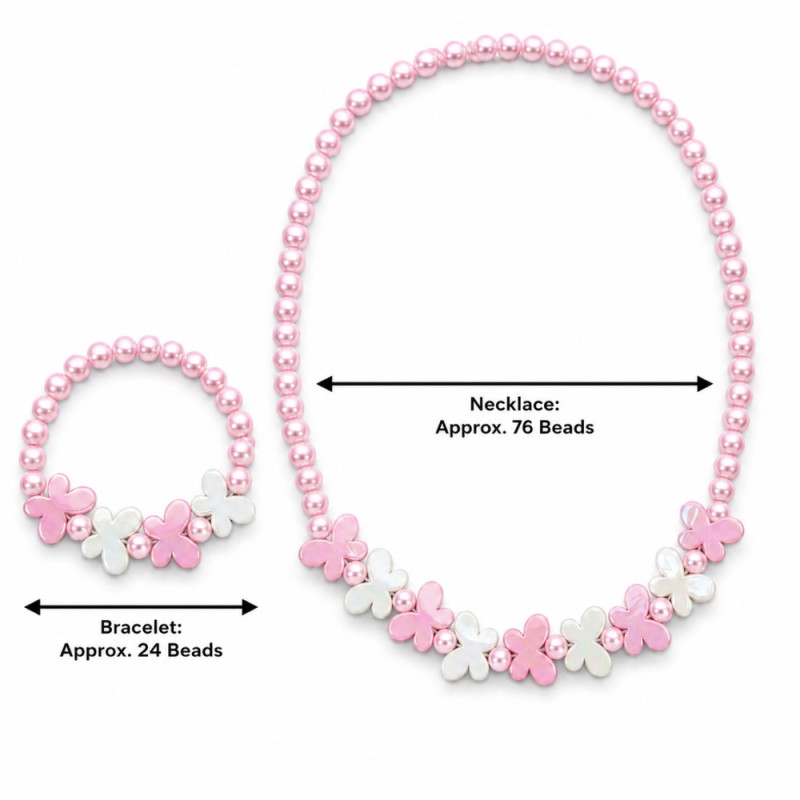 Charming Girls' Butterfly Beaded Necklace & Bracelet Set - 2-Piece Pink & White
