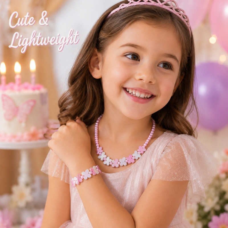 Charming Girls' Butterfly Beaded Necklace & Bracelet Set - 2-Piece Pink & White