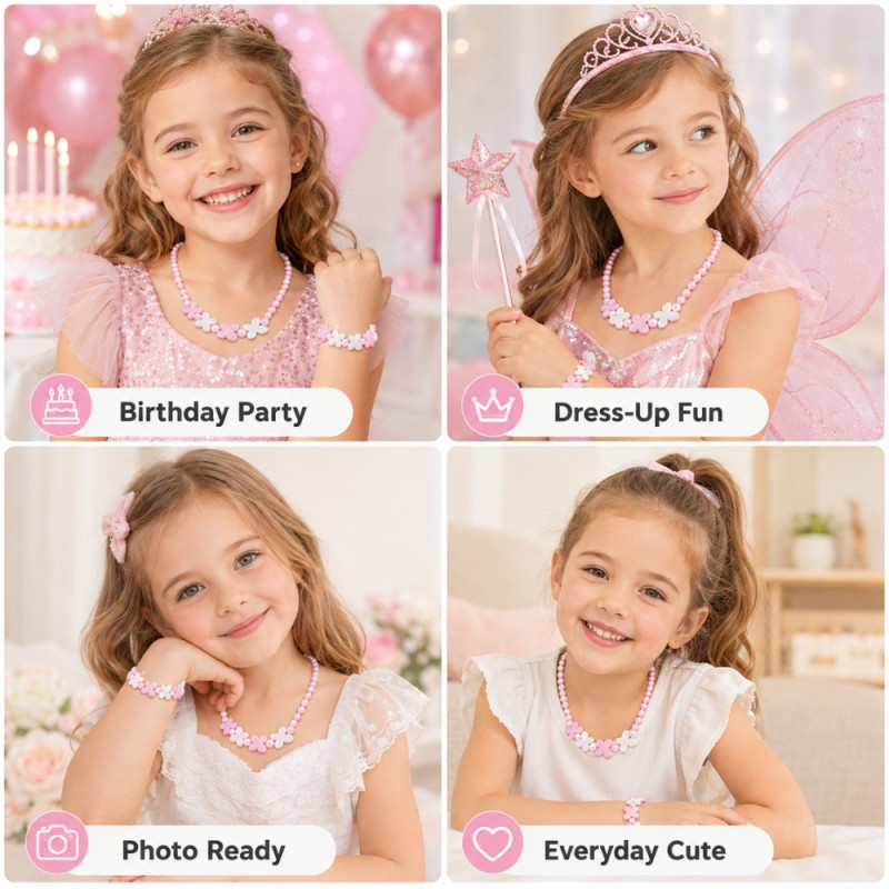 Charming Girls' Butterfly Beaded Necklace & Bracelet Set - 2-Piece Pink & White
