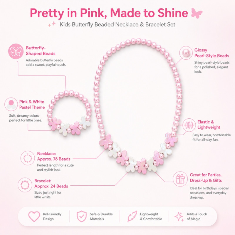 Charming Girls' Butterfly Beaded Necklace & Bracelet Set - 2-Piece Pink & White