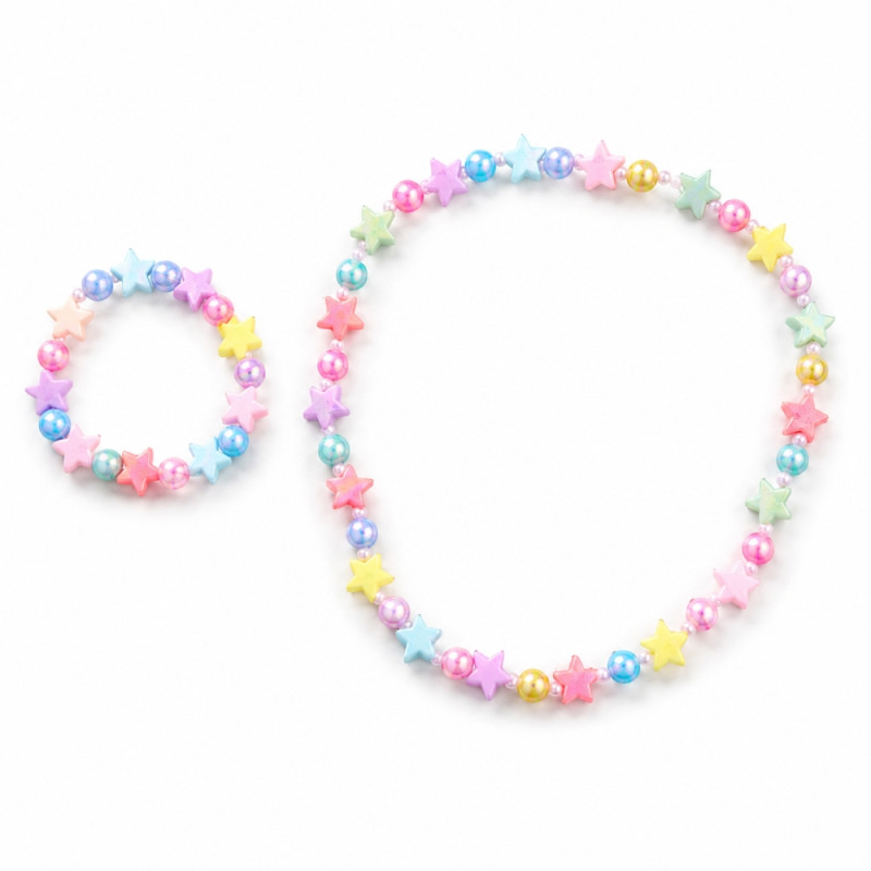 Vibrant Kids' Beaded Star Design Necklace & Bracelet Set - Multi-Color 2-Piece