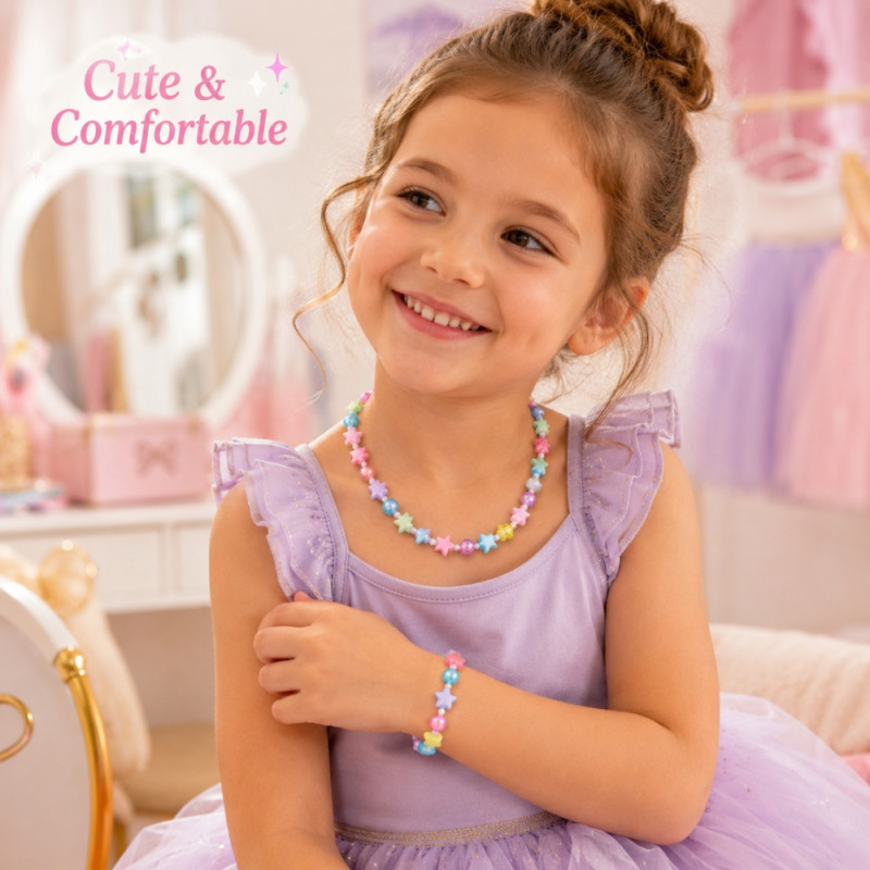Vibrant Kids' Beaded Star Design Necklace & Bracelet Set - Multi-Color 2-Piece