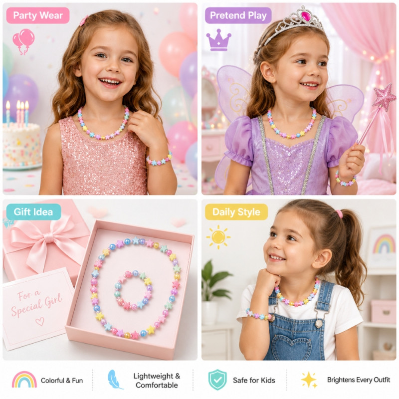 Vibrant Kids' Beaded Star Design Necklace & Bracelet Set - Multi-Color 2-Piece