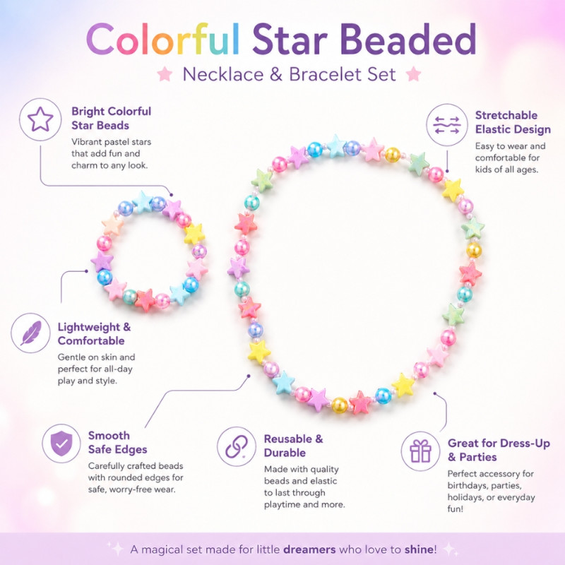 Vibrant Kids' Beaded Star Design Necklace & Bracelet Set - Multi-Color 2-Piece