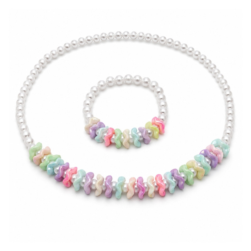 Chic Beaded Necklace & Bracelet Set | Pastel Pearl-Like & Wavy Accent Beads | 2-Piece, Multi-Color