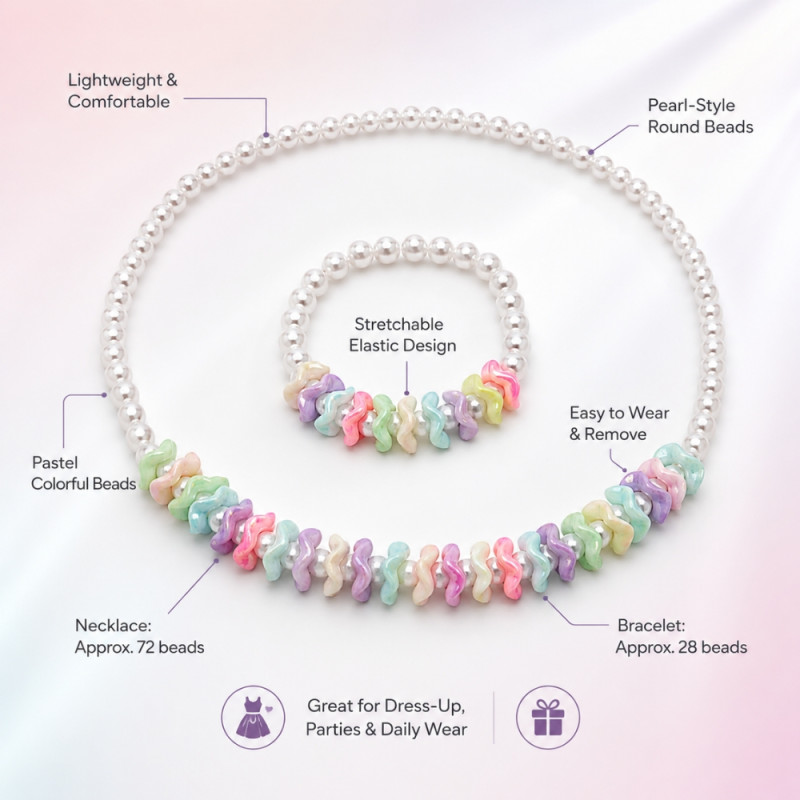 Chic Beaded Necklace & Bracelet Set | Pastel Pearl-Like & Wavy Accent Beads | 2-Piece, Multi-Color