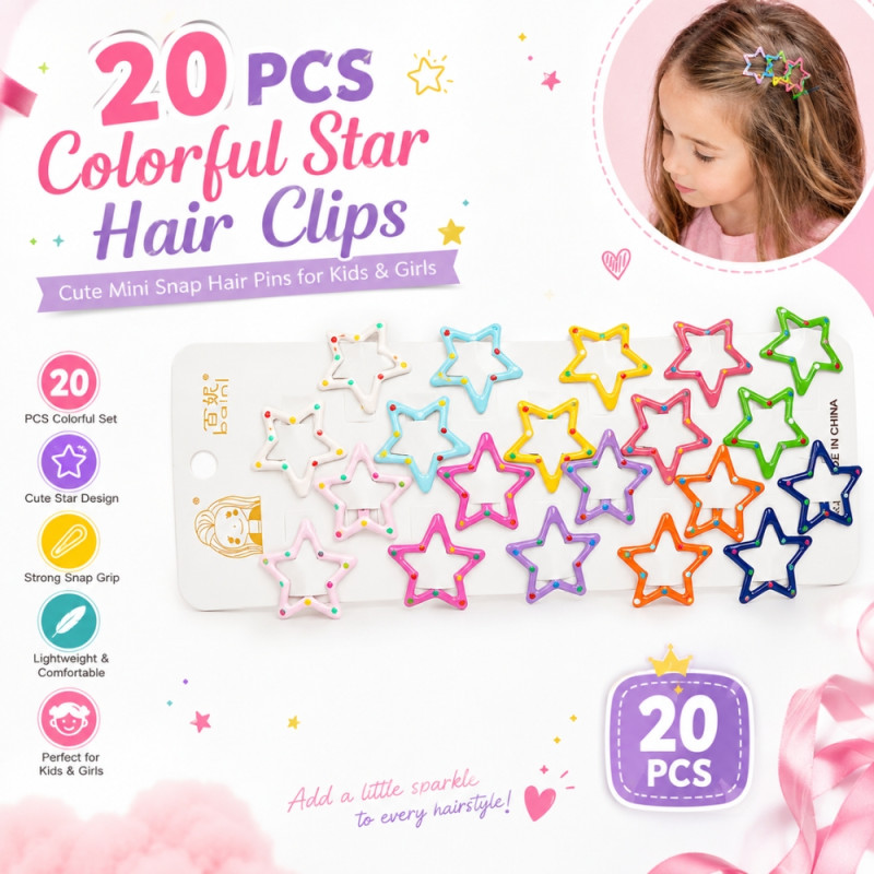 Playful 20-Piece Colorful Star-Shaped Snap Hair Clips with Glossy Finish – Multi Color (20pcs)
