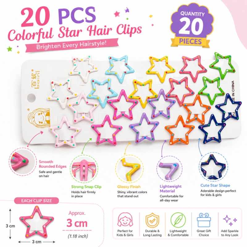Playful 20-Piece Colorful Star-Shaped Snap Hair Clips with Glossy Finish – Multi Color (20pcs)