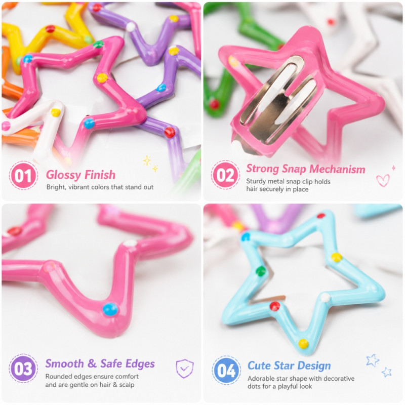 Playful 20-Piece Colorful Star-Shaped Snap Hair Clips with Glossy Finish – Multi Color (20pcs)