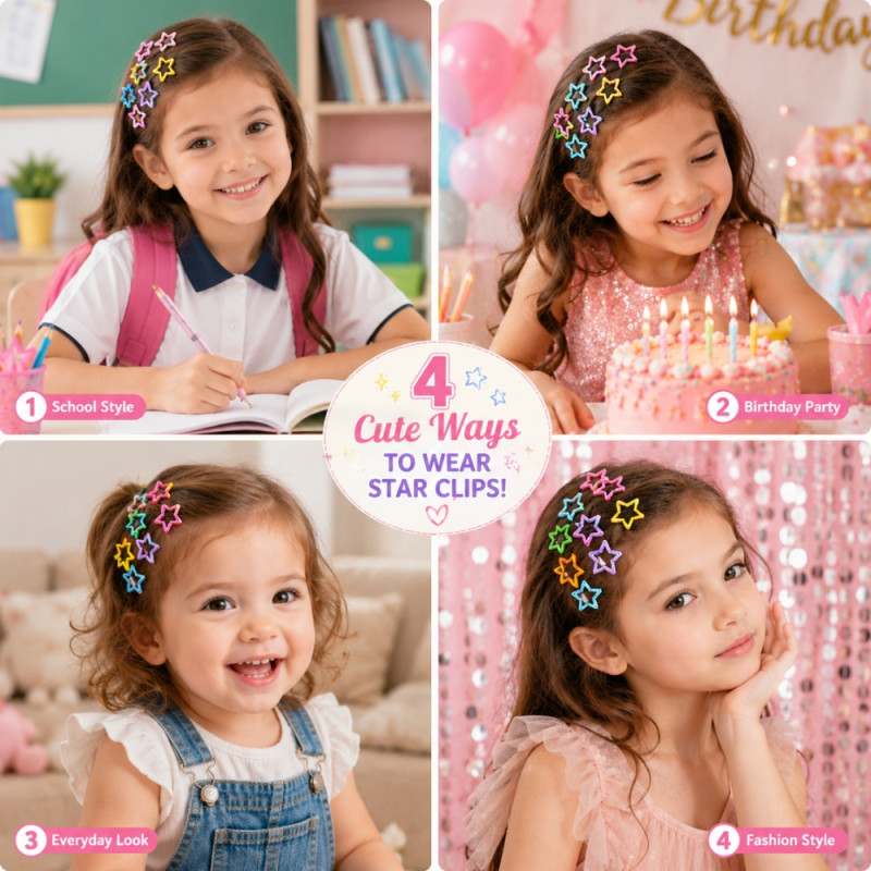 Playful 20-Piece Colorful Star-Shaped Snap Hair Clips with Glossy Finish – Multi Color (20pcs)