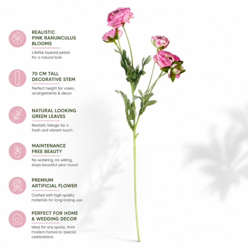 True Series Artificial Ranunculus Spray Designed for Home Décor &amp; Event Styling – Pink (T-70 CM)