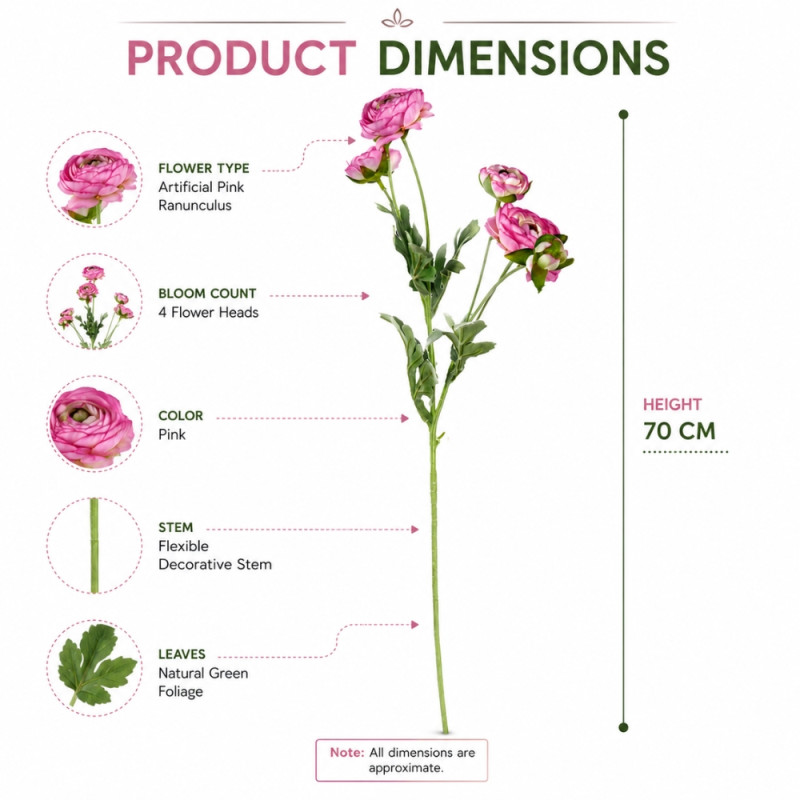 True Series Artificial Ranunculus Spray Designed for Home Décor &amp; Event Styling – Pink (T-70 CM)