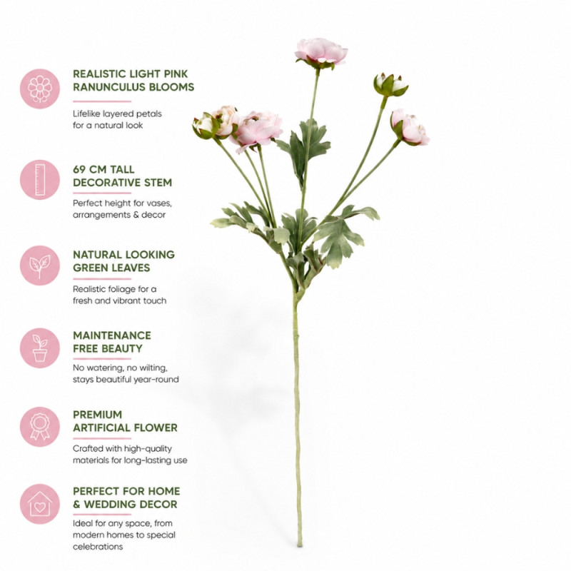 Gentle Grade Artificial Ranunculus Stem Designed for Home Décor &amp; Event Styling – Light Pink (H-69 CM)